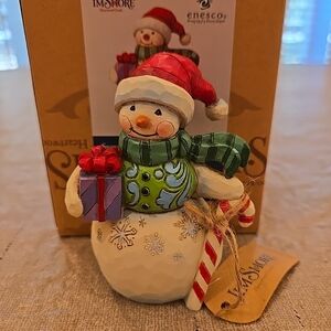 Jim Shore "Snowman With Gift & Candy Cane Mini" Figurine ORIGINAL BOX
